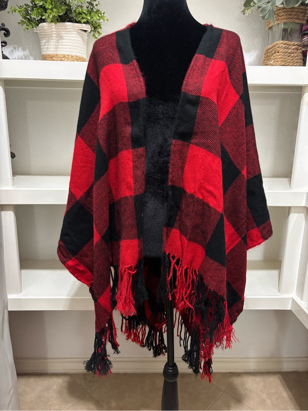 Pink Lily Red and Black Buffalo Plaid Fringe Wrap